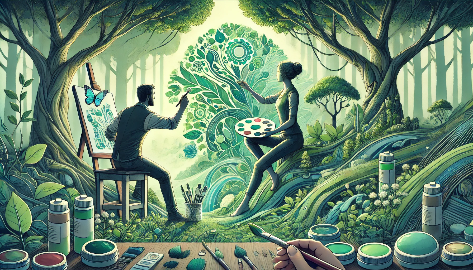 an illustrated forest in various shades of green, featuring a man and woman painting in collaboration; in the foreground, the viewer has their own collection of paints and brushes with their hand holding a brush at the ready