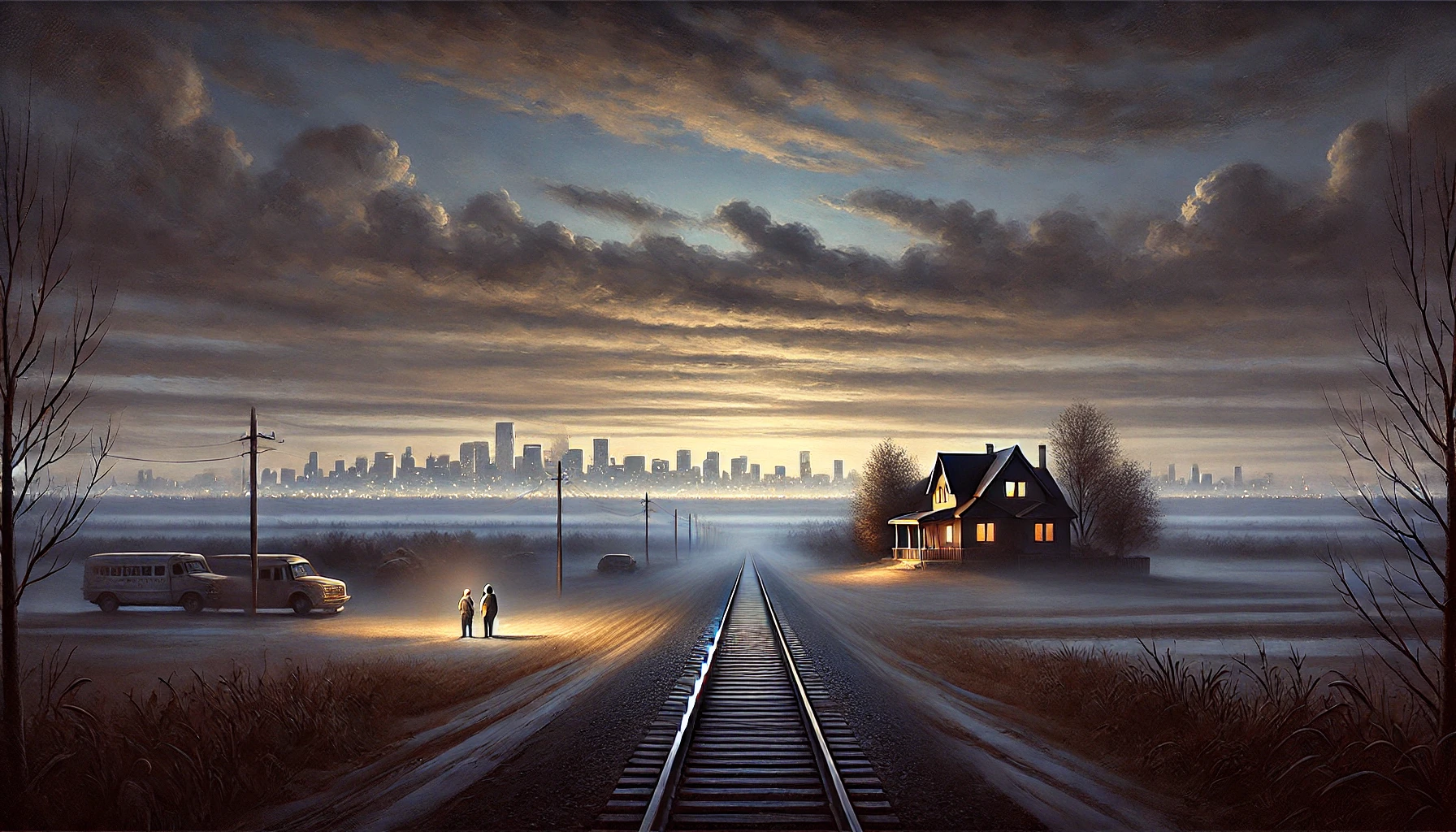 a railroad streches into the horizon with a vast metropolis in the dstance. on either side, a depiction of rural Canada in autumn; a homely home with amberlit windows, two figures and their working vehicles