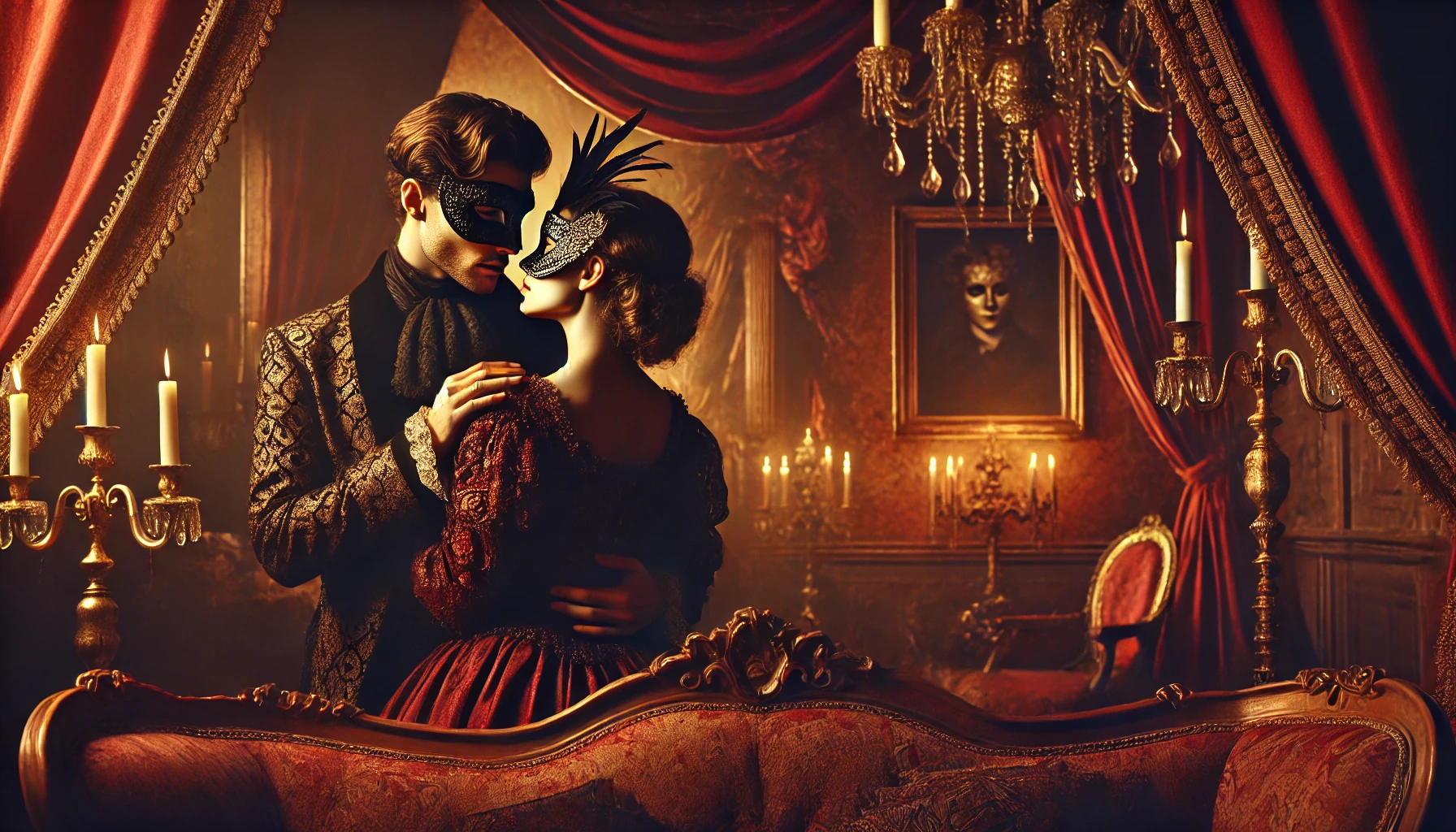 a masked man and woman hold each other close in a lavish Victorian room of crimson and gold, a painting on the wall bears a masked figure with shadowed eyes, hinting at voyerism by another