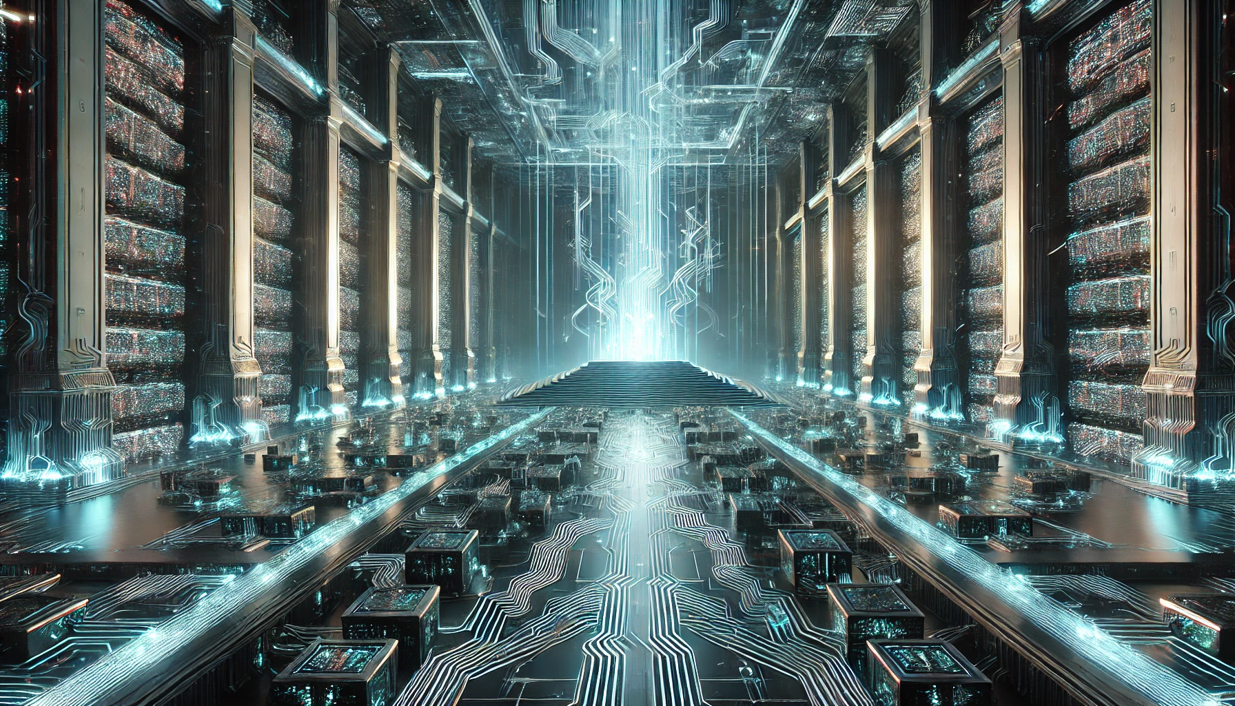 a great hall infused with themes of living circuitry; on either side stand tall bookshelves holding physical representations of digital works; far in the distance is a coruscating circuitrous light speaking to the life within the hall