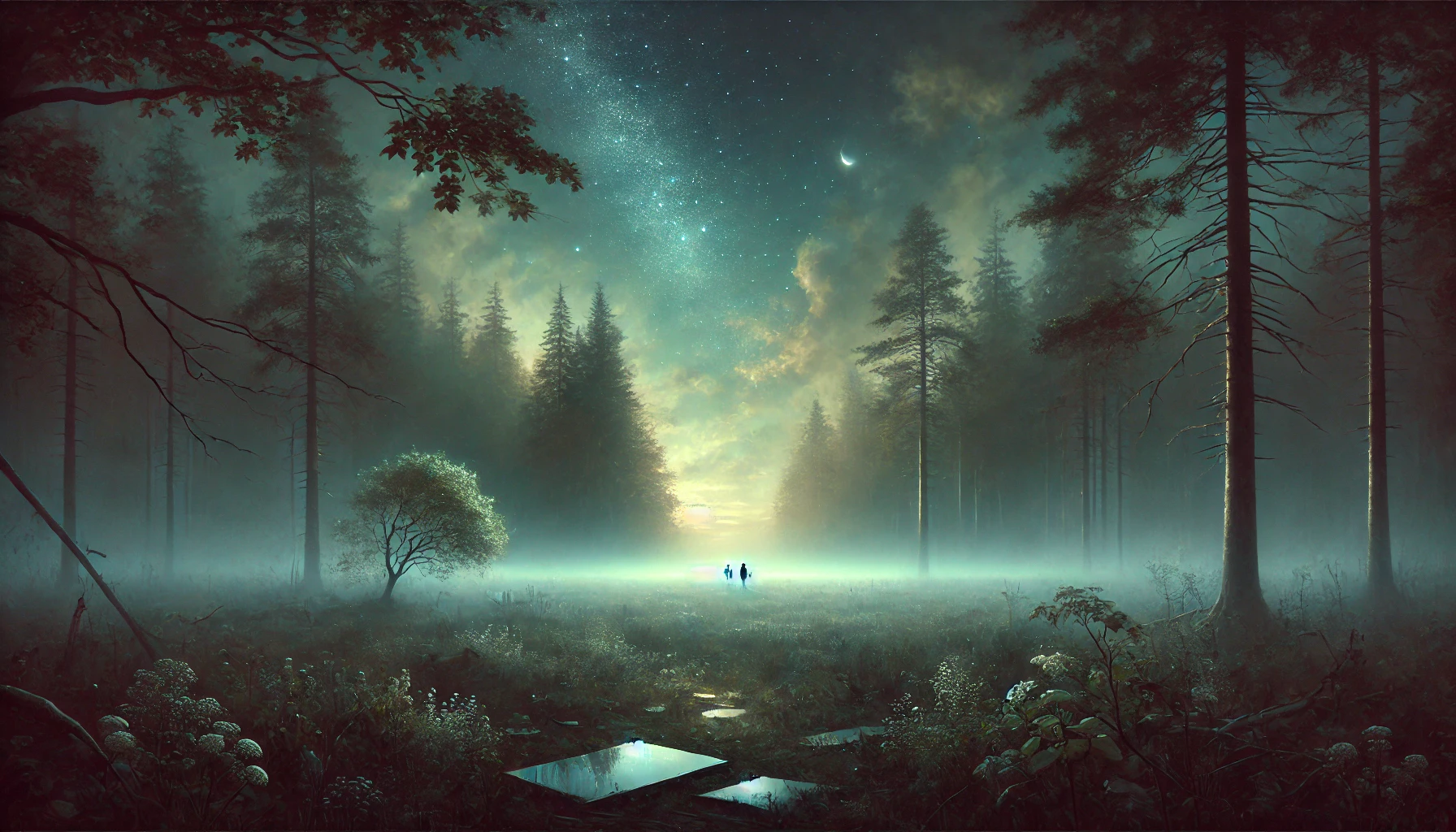 under a twlight sky with stars in the fore and breaking dawn behind, two figures stand admist a vast natural clearing ringed by tall trees, a fog blankets the ground and evelops these figures still visible from a far