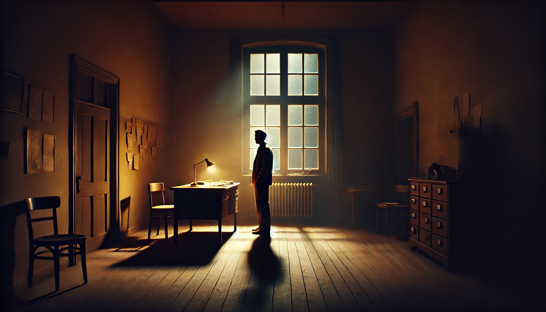 a man stands before a window, cast in shadow, alone in a room looking at his desk and a lamp