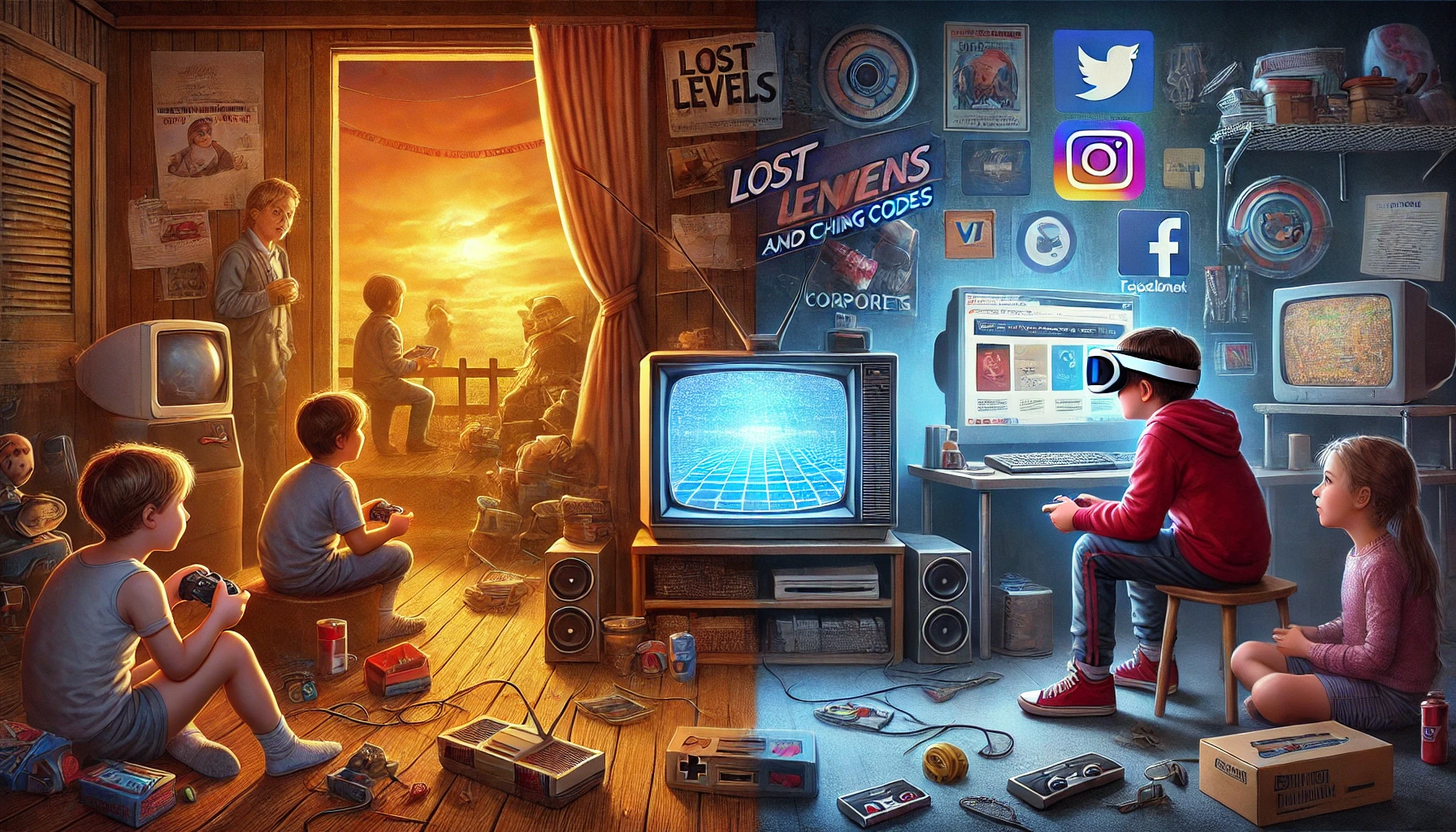 on the left, an amber scene reminiscent of the mid '90s with kids playing both inside and outside; on the right, a cerulean scene where a child plays via virtual reality headset, the icons of social media on their walls, and no window or door outside