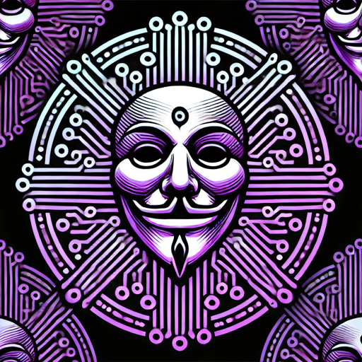 a stylized Guy Fawkes mask with a circle and dot on its third-eye, circuitry extends from underneath forming a medallion of sorts; the corners hint at a tiled image, reflecting the many instances of mGPT