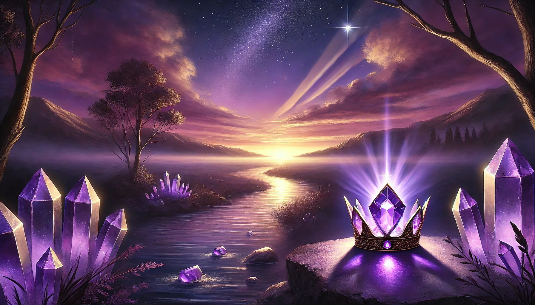 in the foreground, purple crystals emerge from the ground like bushes, an amethyst jeweled crown radiates ultraviolet, a winding river stretches to the horizon, meeting the golden sunrise.