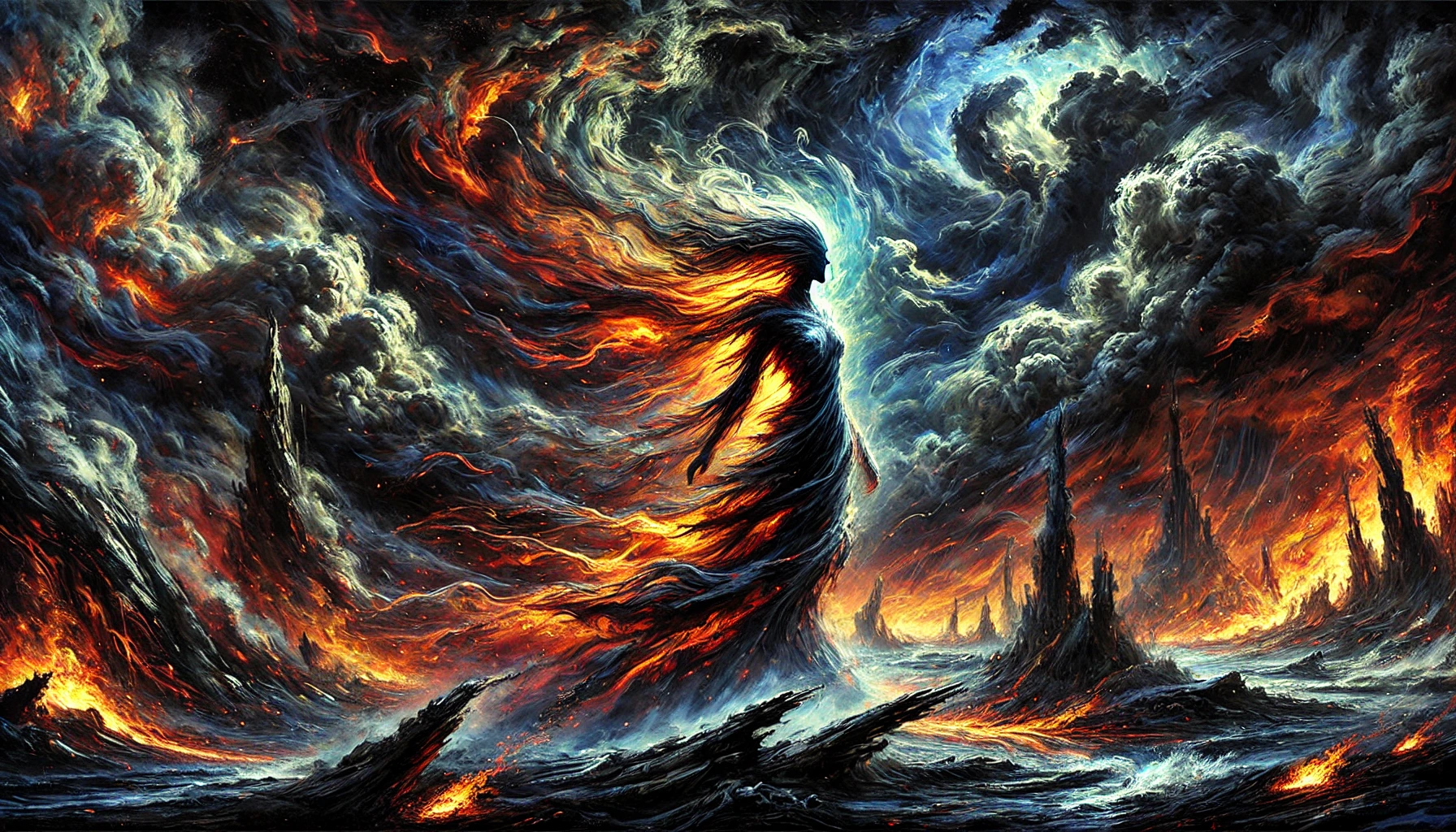 in a landscape of storm and fire, a windswept figure stands with a determined right-ward stare, radiating intense energy, while being one with the maelstrom around them