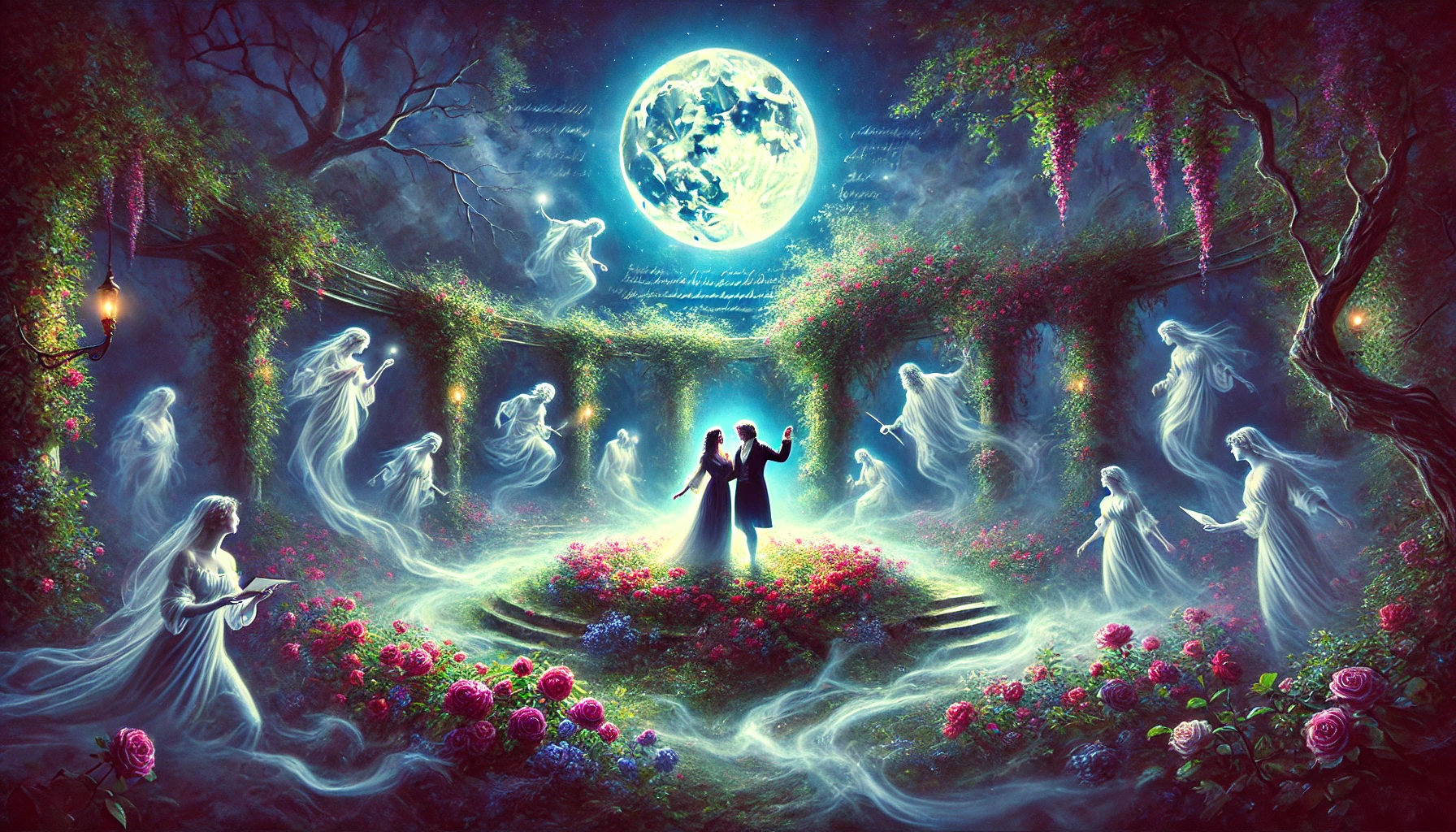 a man and woman dance atop a dias surrounded by the ethereal figures while the full moon shines above, there is an abundance of greenery and pink flowers on every surface and a wispy fog that carpets the ground