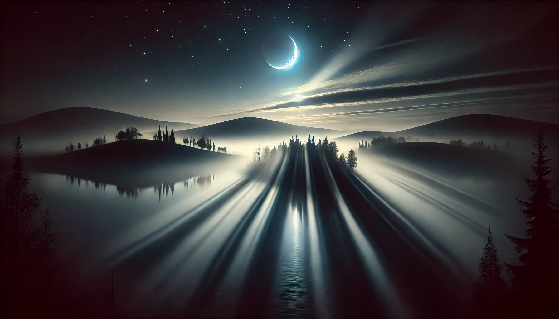 underneath a starry sky with a moon in front and clouded sun behind, a horizon of hills peeking through mists and stark shadows that stretch long in the middle, towards the viewer