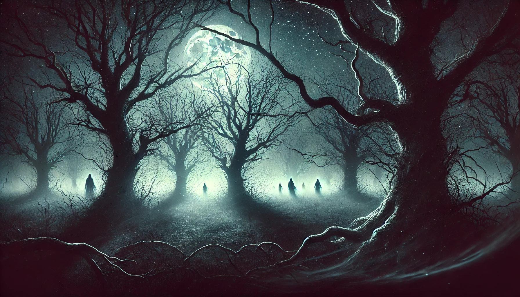 a forest of leafless twisted trees under the pale glow of the moon with shadowed figures walking among the mists