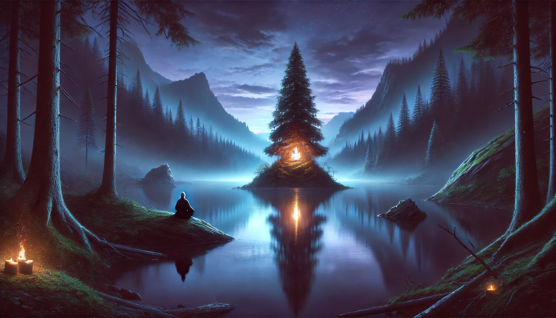 a lake in the valley of a mountain, a tall tree in the centre with a bright bonfire, a figure sits in the lotus position nearby